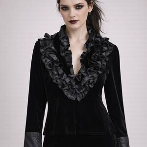 Alexandra Rosati Black Velvet Blouse Long Sleeve Ruffle Gothic L Victorian Fairy